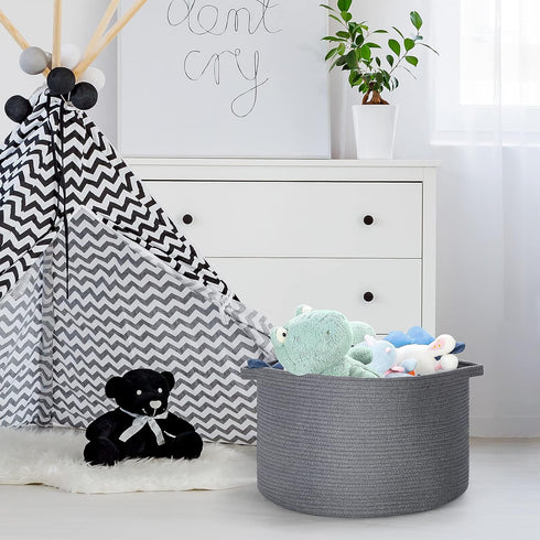 Blanket Basket 20"x 20"x 13" Cotton Rope Basket for Living Room, Baby Toy Storage, Large Woven Laundry Basket, Gray