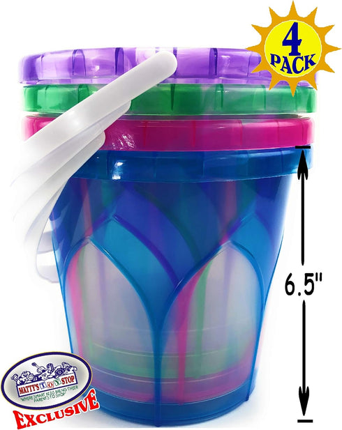 6.5" Set 4 Pack Matty's Toy Stop Beach Gear Opaque Plastic Sand Buckets (Pails) Blue, Pink, Green & Purple Party Bundle