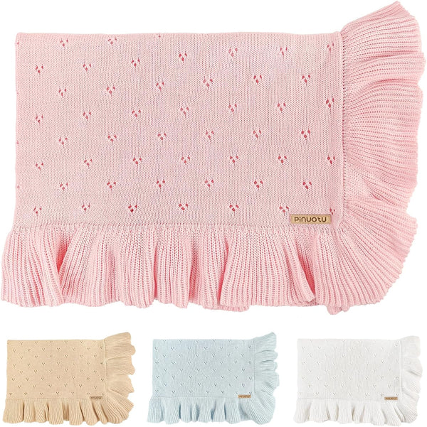 Ruffle Cotton Pointelle Knitted Baby Blanket, 40 x 31 Inches Soft Cozy
