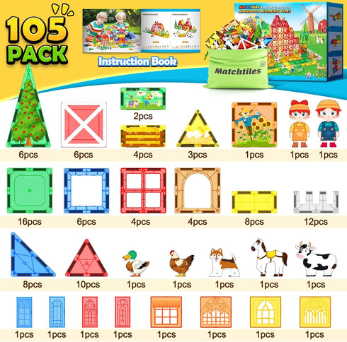 105 3+ 3 4 5 6 7 8+ PCS Magnetic Tiles with Farm Animals, Magnetic Blocks Building Toys for Year Old Toddler