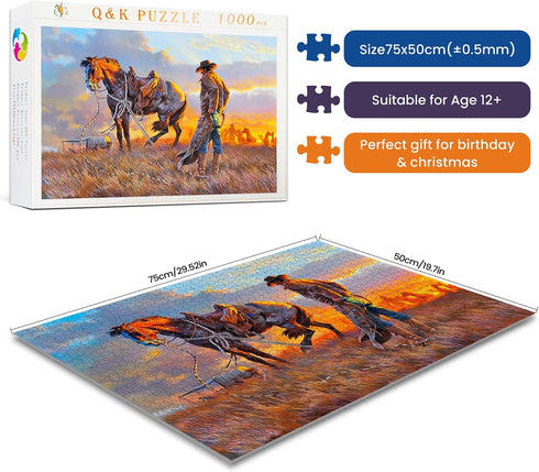 najiaxiaowu Wooden 1000 Pieces Jigsaw Puzzles for Adults, Western Cowboy Rider Prairie Wind Flower Puzzle