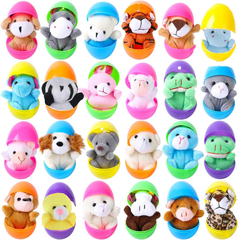 ThinkMax 24 pcs Easter Eggs Filled with Mini Plush Animals Toy for Basket Stuffers/Fillers, Hunt, Party Favor