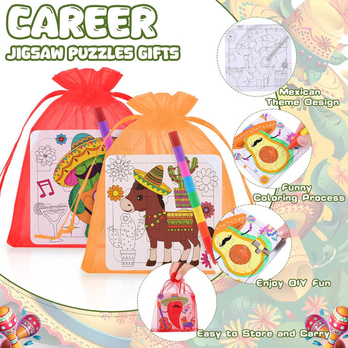 Fullhawl 24 Mexican Puzzles Color Your Own Puzzles Cinco De Mayo DIY Jigsaw Crafts with Stackable Crayons and Bags