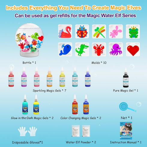 12 10 1 3+ Kiditos Magic Water Elf Toy Kit Squishies for Kids, Gels + Molds & Bottle, Magic Gel Water Pets Sensory Toy