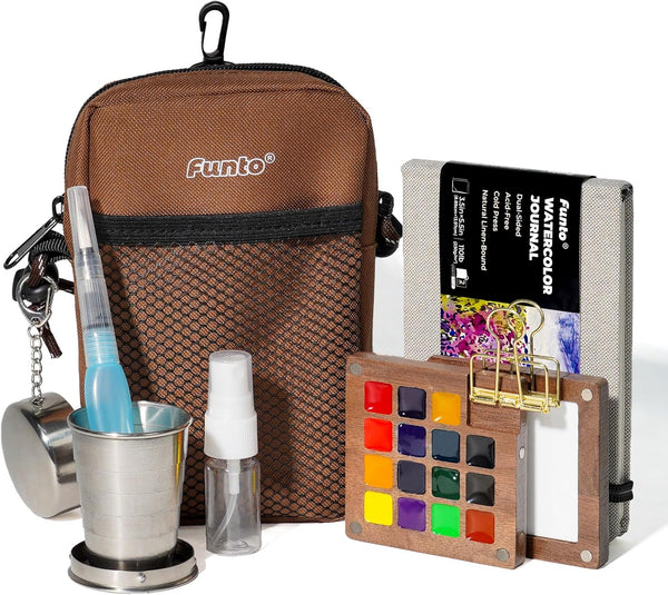 Funto Mini Watercolor Paint Set, All-in-One Walnut Wood 15-Color Premium Pocket Travel