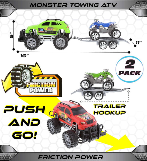 Mozlly 2 Sets of Friction Powered Monster Trucks with SUV Towing ATV Trailers - Realistic Truck and Trailer Toys