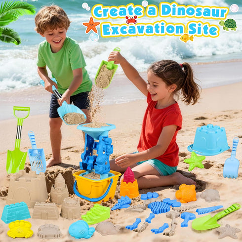Oisacirg 3-10 Beach Toys for Kids Toddlers, Sand Castle Toys with Bucket, Water Wheel, Long Shovel, Dinosaur Travel