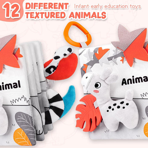 Odeepstar 0-12 Baby Book Months, Crinkle Cloth Book with Rattle & Touch and Feel Sensory Toys, Soft Teether