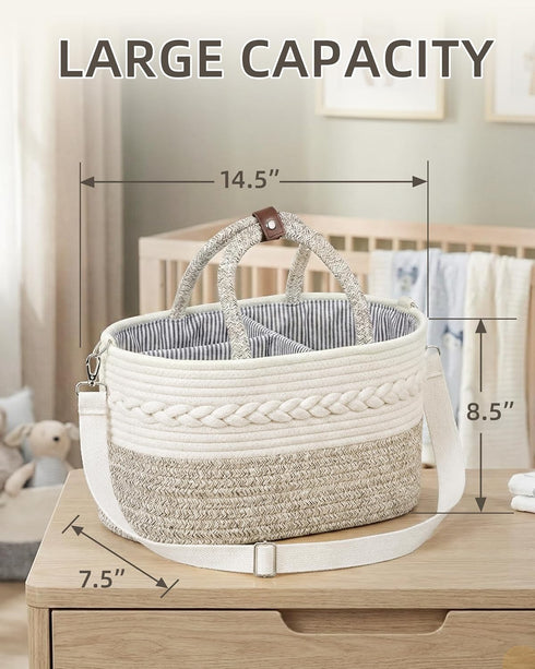 ZOES HOMDECO 14.5"x8.5"x7.5 Baby Diaper Caddy Organizer With Handle, Cotton Rope Baby Shower Basket, Large Diaper Caddy