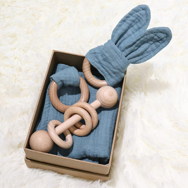Baby Lovey, Wood Rattle, Teether Ring - 3 Pack Montessori Gift, Navy Blue Cotton, Baby Shower Gift