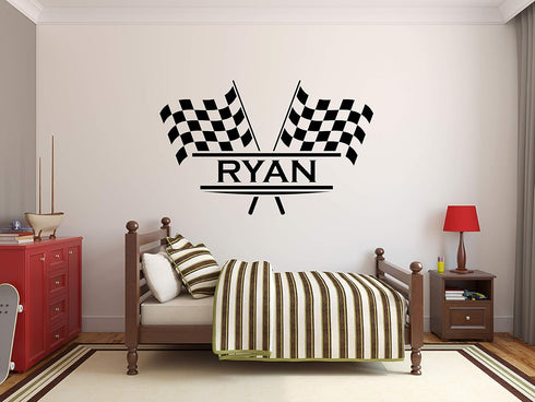 Racing Wall Decal Personalized Name Flags - Nursery Wall Decor - Black Vinyl Sticker (22" x 14") Baby Room