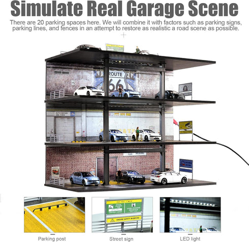 1/64 4 20 Scale Display Case Layers Parking Spaces Parking Garage Moldel for Diecast Toy Car Display Case with LED