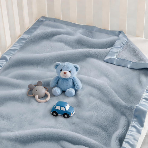 2 Inch 30''x40''Blue Pro Goleem Fleece Baby Blanket with Satin Trim Soft Anti-Static Plush Blanket for Boys and Girls