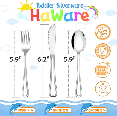 HaWare 12-Piece Kids Silverware, Stainless Steel Toddler Utensils Flatware Set, Preschooler Eating Utensils Includes 4 Spoons 4 Forks 4 Knives, Metal Children Cutlery for Home School, Mirror Finished by HaWare