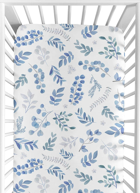 Sweet Jojo Designs Floral Leaf Fitted Crib Sheet for Baby or Toddler Bed, Blue Grey and White Boho Watercolor