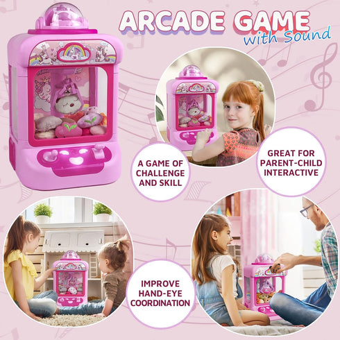 Claw Machine for Kids - Mini Vending Machine with Unicorn Toys, Candy Grabber Prize Dispenser, 20 Mini Plush Toys