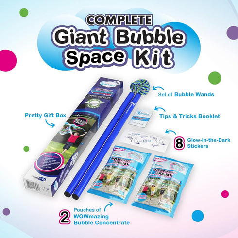 WOWMAZING Giant Bubble Kit: Space - Includes Wand, 2 Big Bubble Concentrate Pouches, Outdoor Toy for Kids