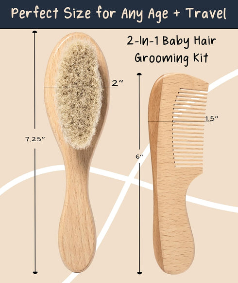 Worthies Set, Baby Hair Brush & Comb Wood Hair Brush with Soft Goat Bristles and Comb, Newborn Infant & Toddler