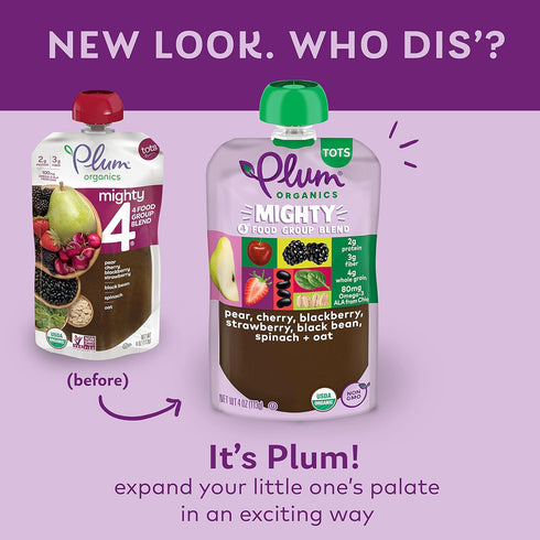 Plum Organics Mighty 4 Organic Toddler Food - 4 oz Pouch (Pack of 6) - Pear, Cherry, Blackberry, Strawberry, Black
