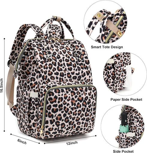 Xunteny Backpack Leopard Baby Diaper Bag for Girls Boys, Waterproof Large Maternity Nappy Bags for Mom
