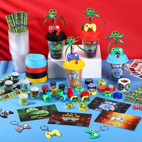 Watersay 110 Set Pcs Video Game Party Favors Includes Drink Cup with Lid Game Card Pencil Sharpener Eraser Stickers