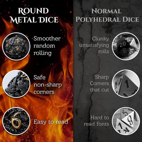 Metal DND Dice Set - Unique Round Hollow Orb Design for Better Rolling - Cthulhu Metal Dice for RPG (Black Gold)
