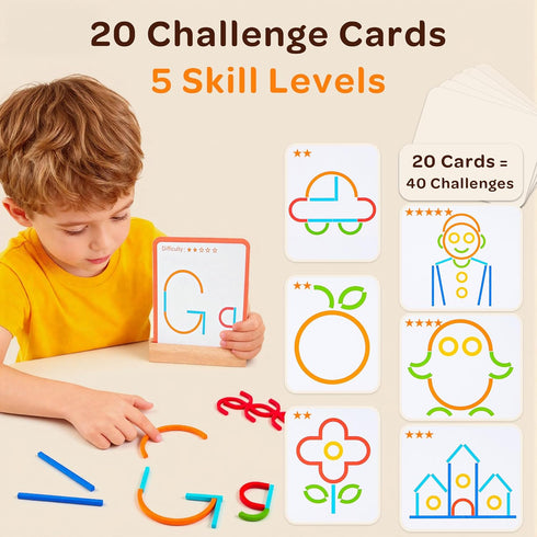 Set 120PCS Montessori Smart Sticks and Rings with Challenge Cards, Creative STEM Kit with Wooden Pattern Blocks