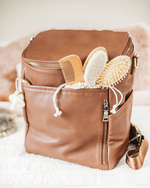Set Natural Baby Brush - Wooden Brushes and Comb With Boho Travel Bag for Girl or Boy - Soft Goat Hair Brush for Cradle