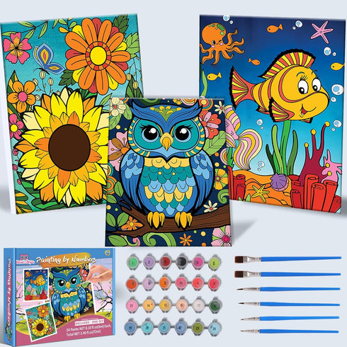 Kids Paint By Number Kits Age 8-12, 3 Pack 8x10 Inch Framed Canvas with 24 Acrylic Paint Pots, 6 Brushes