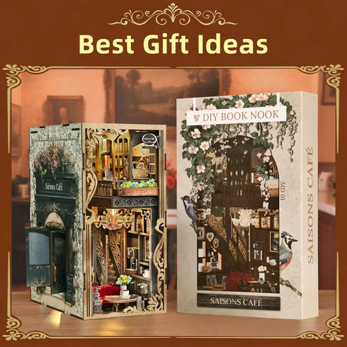 MiniCity Book Nook Kit, DIY Miniature Dollhouse Book Nook Kit with Dust Cover and LED Light (Saisons Caf)