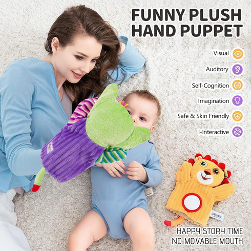 Jollybaby Hand Puppets Baby Toy 0-6-12 Months, Plush Stuffed Animal Hand Puppets Toys for Kids,Sensory Doll with Rattle and Mirror for Toddler,Social Emotional Play Therapy Toys for Boy Girl Gift