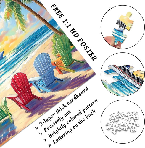 PICKFORU 1000 Summer Beach Puzzles for Adults Piece, Rainbow Beach Lounge Chair Puzzle, Colorful Ocean Jigsaw Puzzle