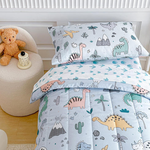 Joyreap 4 Set, Piece Toddler Bedding Cute Dinosaur on Light Blue, Ultra Soft Microfiber Toddler Comforter for Kids Boys