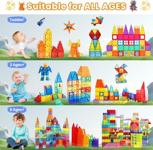130PCS Set 2 3 4 5 6 7 8+ Paaxido Magnetic Tiles - Magnetic Blocks for Kids, Magnet Tiles Building Blocks with Cars