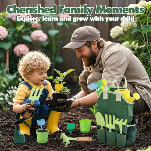 Set, Summer JOI MEW Kids Gardening Tools Garden Toys w/Wooden Handle Alloy Rake,Fork,Trowel, Watering Can,Gloves,Tote