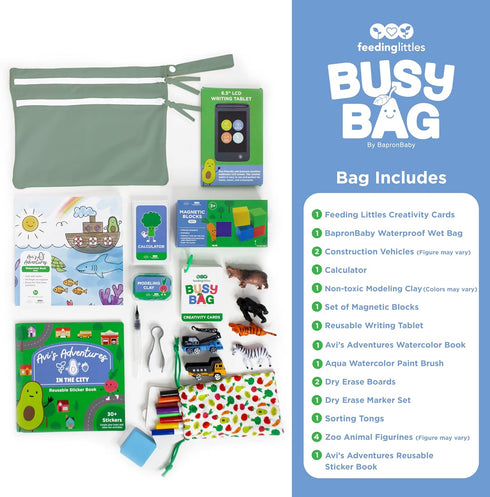 3+ BapronBaby Feeding Littles Busy Bag (Sage) - Toddler Travel Activity Kit, Restaurant Activity Kit for Independent