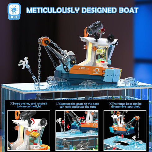 Set 830PCS Set Fish Tank Building Blocks - Ocean Treasure Hunt Building with Adventure Boat, Shark, Jellyfish & Coral