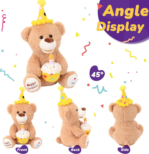 Hopearl Happy Birthday Teddy Bear with Glowing Cupcake - Musical Stuffed Animal Bear, Interactive Kids Gift, Brown