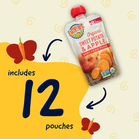 Earth's Best Organic Baby Food Pouches, Stage 2 Sweet Potato and Apple Puree, 4 oz Resealable Pouch (Pack of 12)
