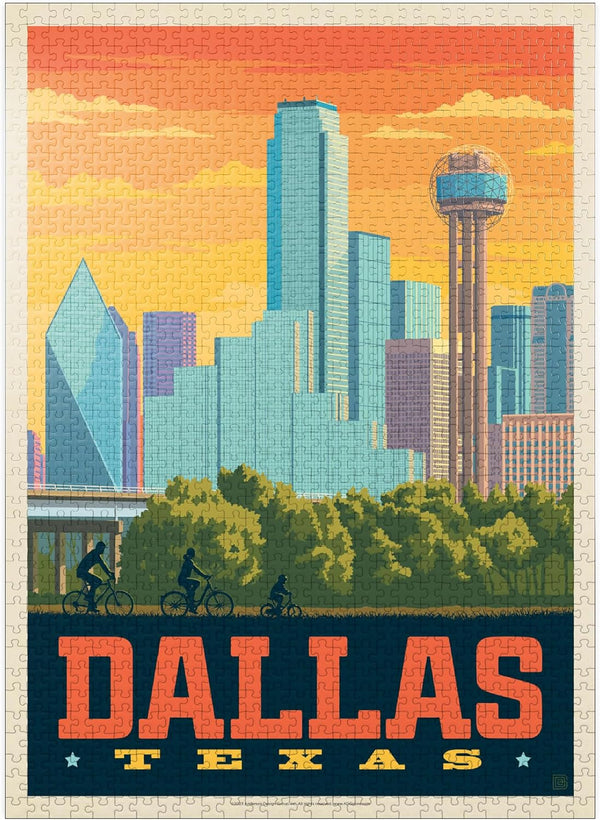 MyPuzzle Dallas, Texas - Sunset Skyline Vintage Poster, Premium 1000 Piece Jigsaw Puzzle for Adults