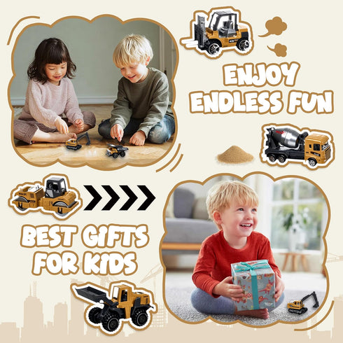 6Pcs Set, Bulldozers Playset 3-9 Construction Trucks Vehicles, Die-cast Construction Toys Toys for Boys, Mini Excavator