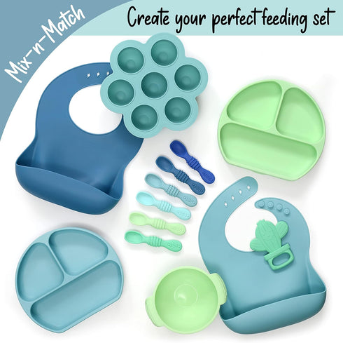 PrimaStella Unbreakable Silicone Baby & Toddler Plate and Spoon Feeding Set - Pacific Blue