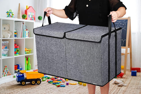 26.8"x13.8"x16"(Grey) YOLOXO Large Kids Toy Box Chest Storage organizer with Double Flip-Top Lid - Collapsible Sturdy