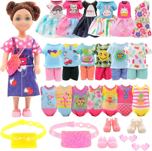 19 Pcs Mini 6 inch Doll Clothes and Accessories Including 4 Sets Fashion Dresses 4 Casual Tops and Pants Outifits 4 Swimsuits with 3 Shoes 2 Glasses 2 and Shoulder Bag for 5.3-6 Inch Dolls