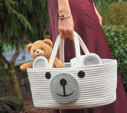 Home & Tots Baby Diaper Caddy Organizer, Large Cotton Rope Nursery Storage Basket (White, Bear Design)