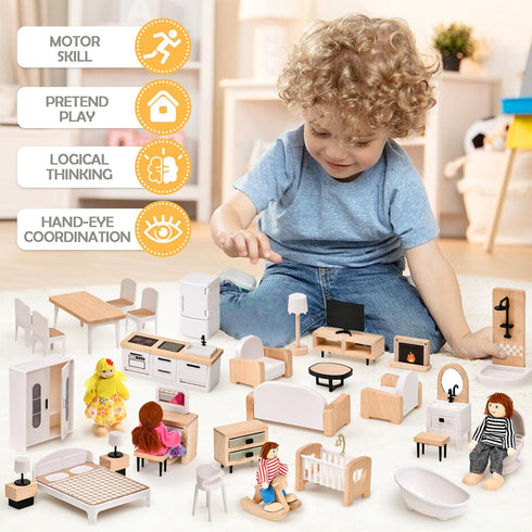 Set, 36PCS 5 4 3 4 5 6 Toyssa Dollhouse Furniture Beech Wood and Plastic Miniature Doll House Accessories with Modern