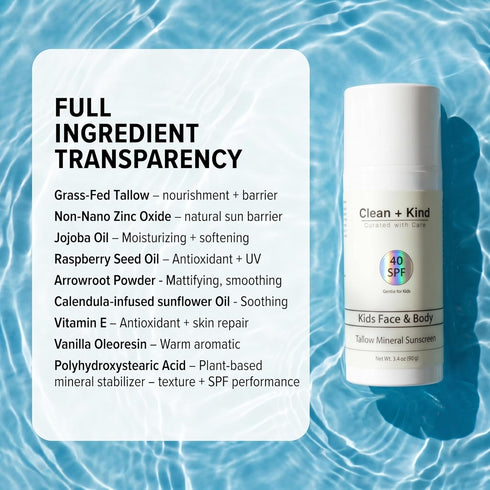 40 Kids Mineral Sunscreen SPF Non-Nano Zinc Oxide Sun Protection with Grass-Fed Tallow, Lightweight No White Cast