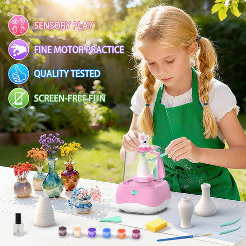 2.3in 8-12, 6-12+, Mini Pottery Wheel for Kids - Pottery Painting Craft Kit with Turntable, Clay, Flowers, Mess Free