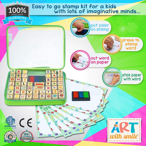 Set 72 3-Color 3 Wooden Large Stamp Premium for Kids. Pcs Alphabet Stamps. Letters, Numbers, Washable Ink Pad, Refill