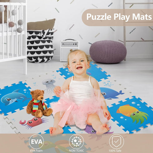 3434 Inches 9 Puzzle Play Mat, Foam Floor Tiles, Childrens Foam Puzzle Mat Baby Floor Play Mat Sea World Pieces, Edge